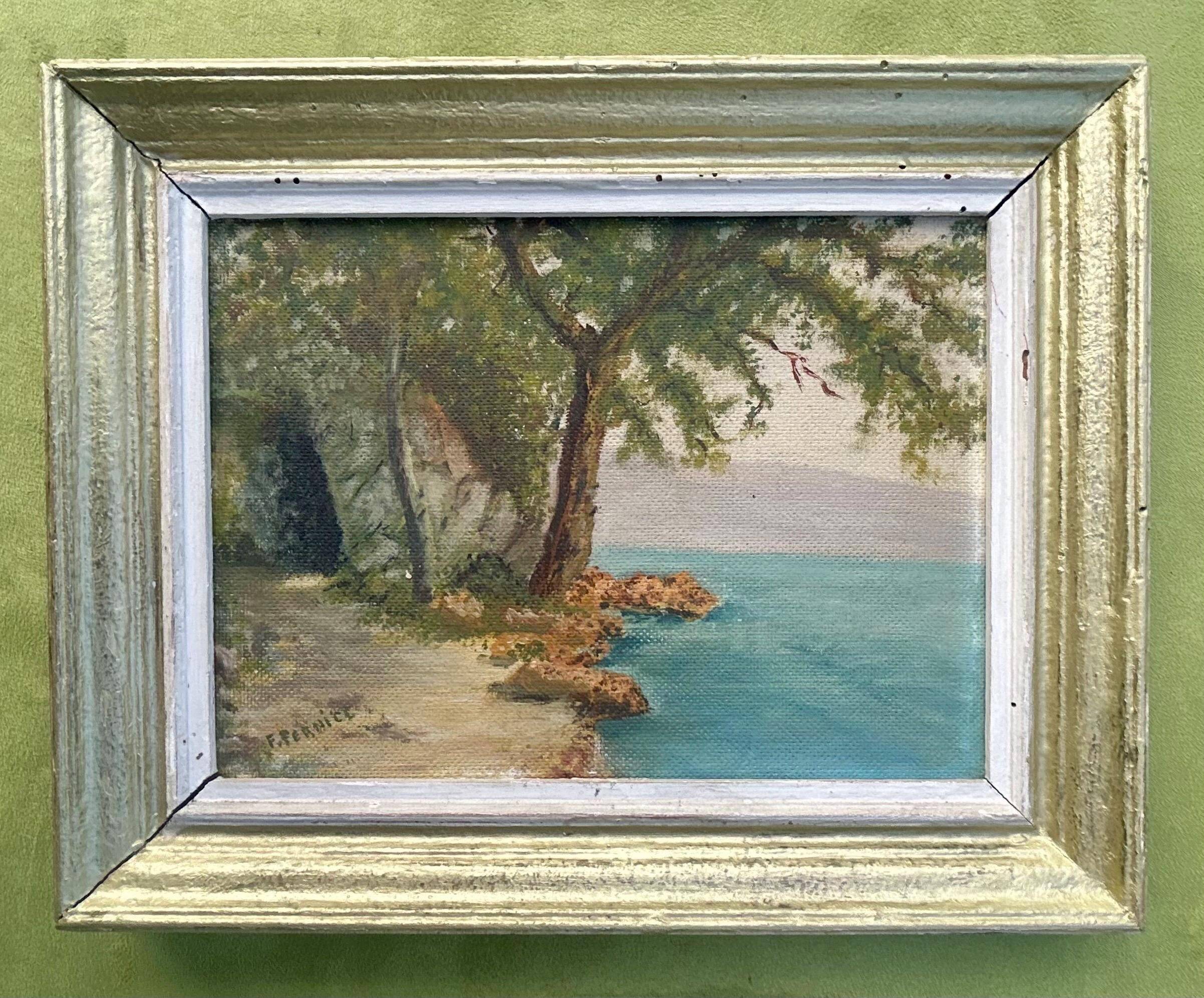 940s French Oil Landscape – Lake View from Aix-les-Bains, Signed Painting
