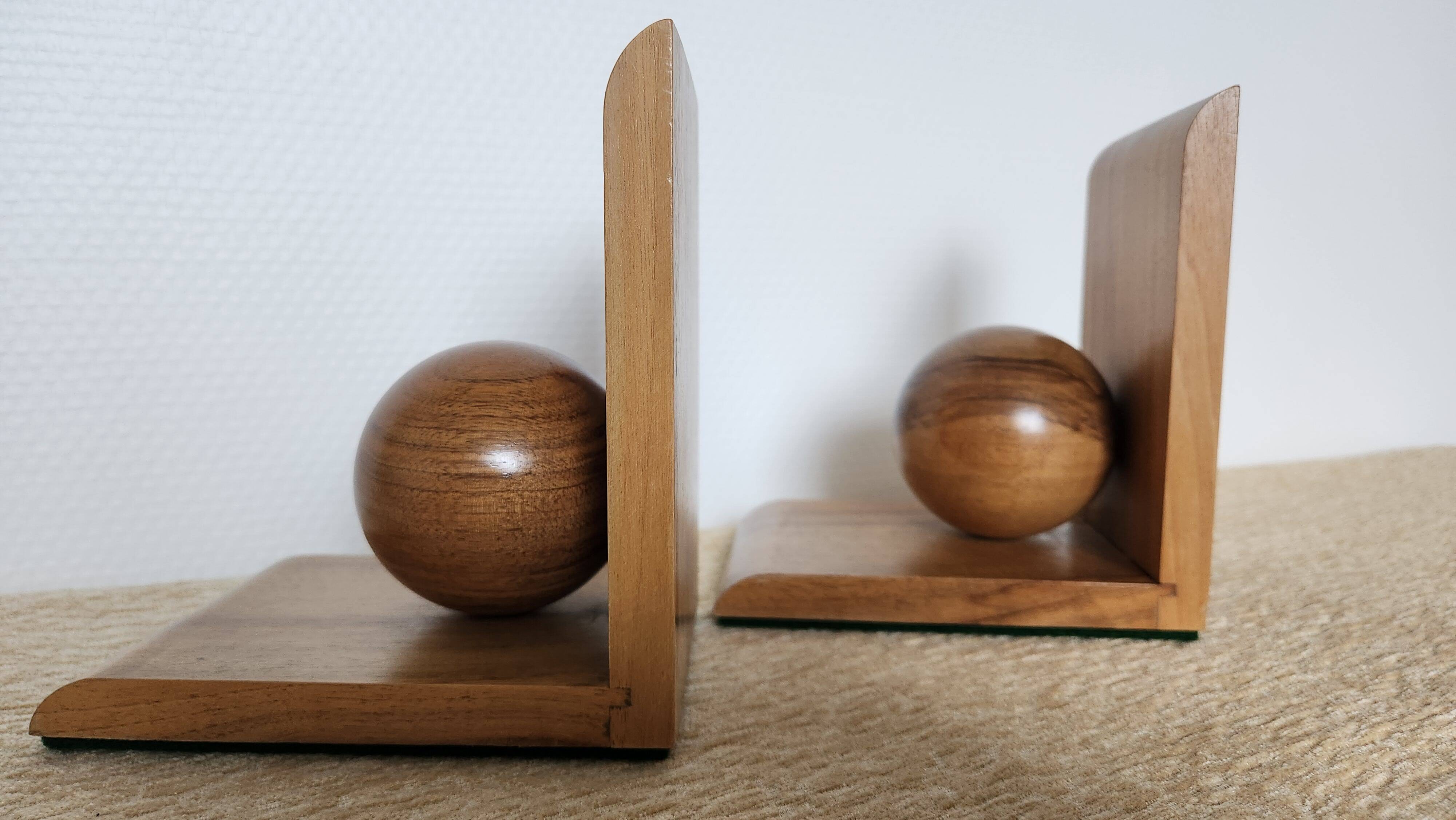 Pair of solid wood bookends with turned spheres – Minimalist design