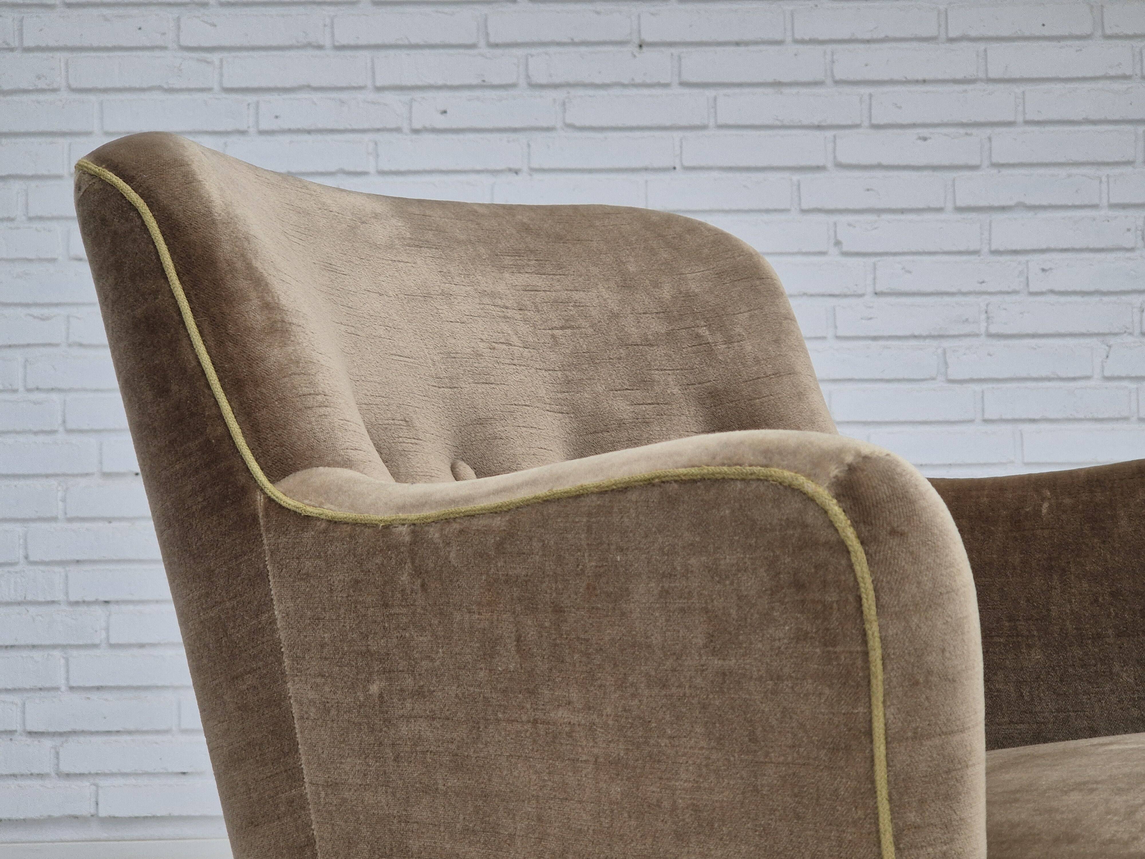 1970s, Danish lounge chair, original condition, furniture velour, beech wood legs.