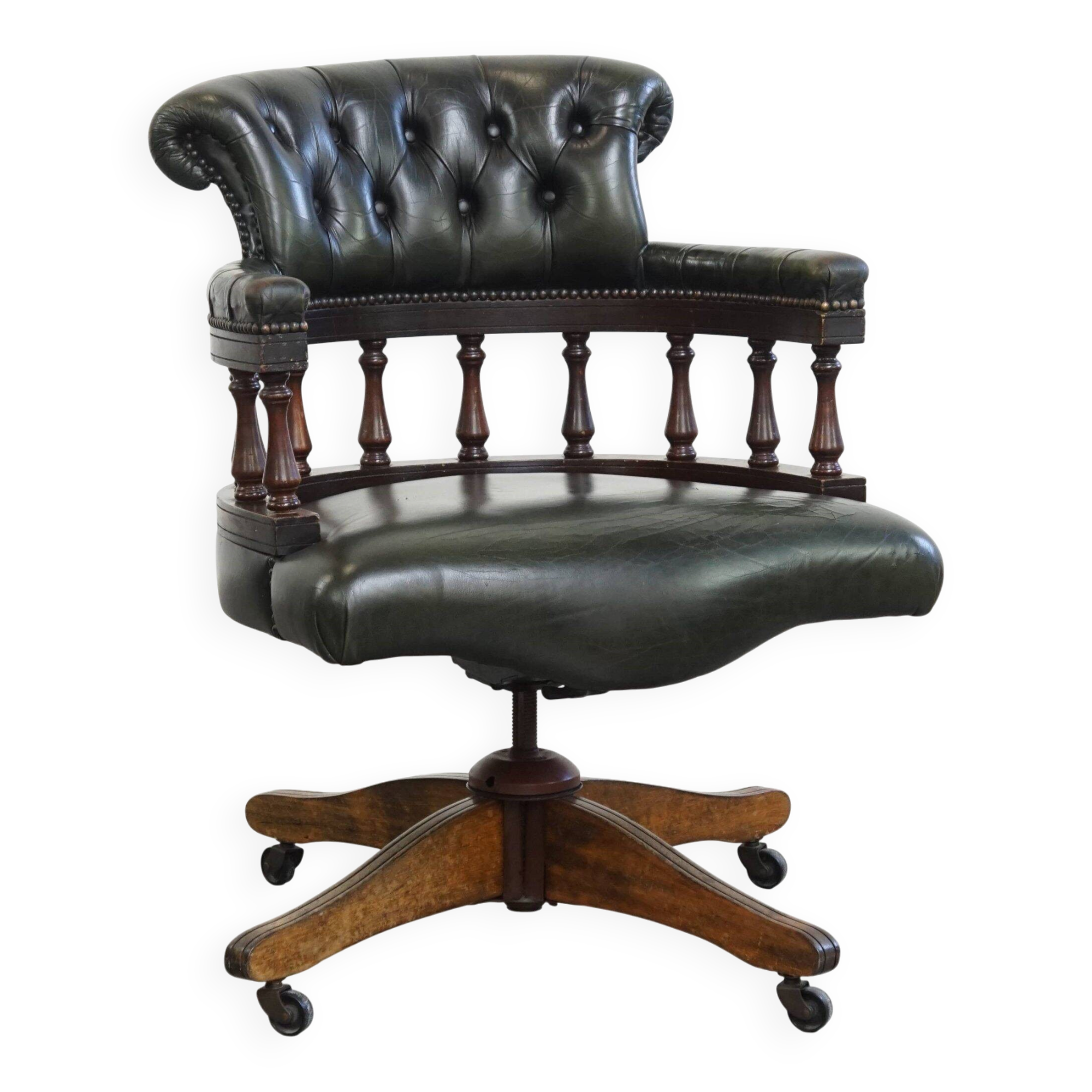 Green leather height-adjustable, swivel and tilt chesterfield office chair