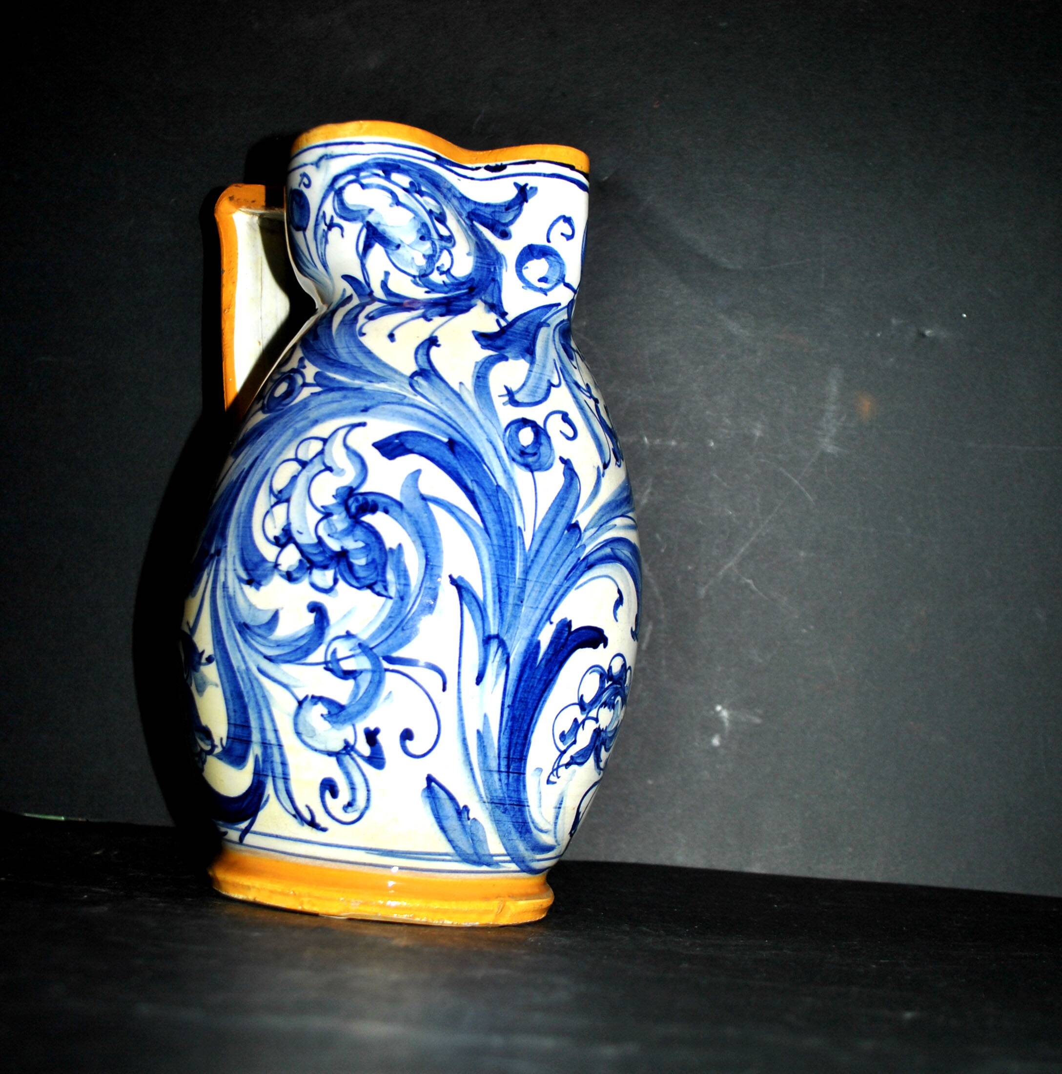 Large Italian ceramic pitcher barbotine majolica blue and yellow decoration