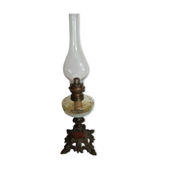 Kerosene lamp in bronze and enamelled glass