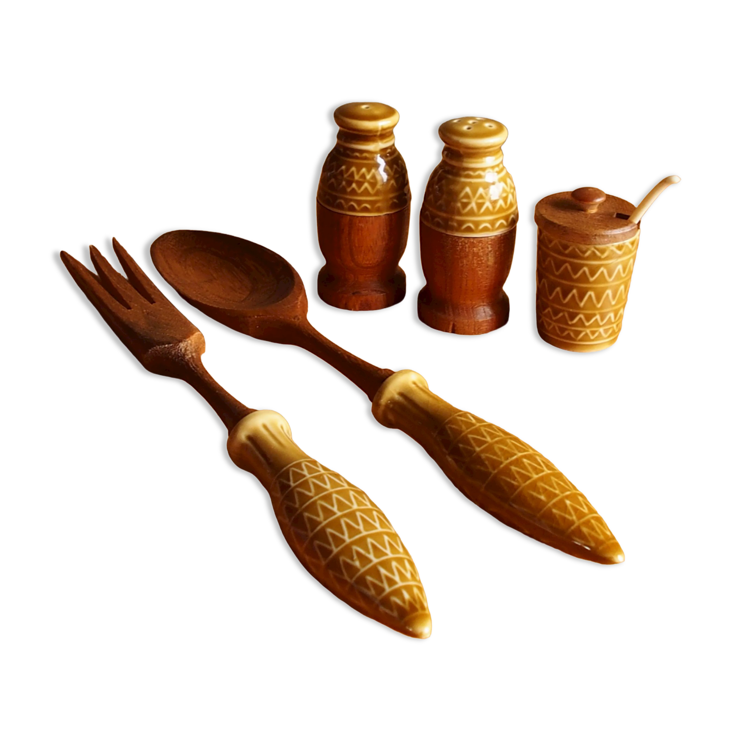 Vintage salt shaker, pepper, mustard and salad cutlery set