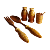 Vintage salt shaker, pepper, mustard and salad cutlery set