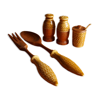 Vintage salt shaker, pepper, mustard and salad cutlery set