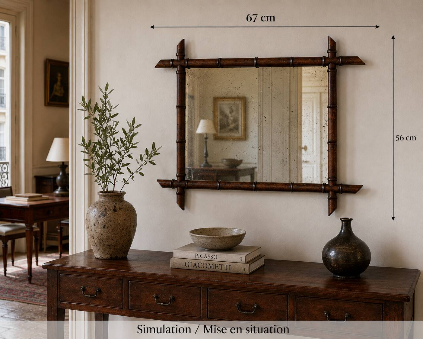 Miroir mural en bois tourné façon bambou, style Napoléon III, XIXe 67x56 cm