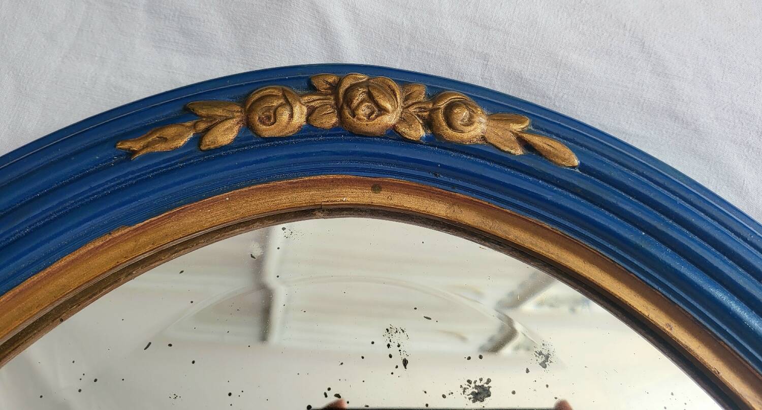 Antique oval mirror, royal blue and gold – rose design – 80 x 52 cm