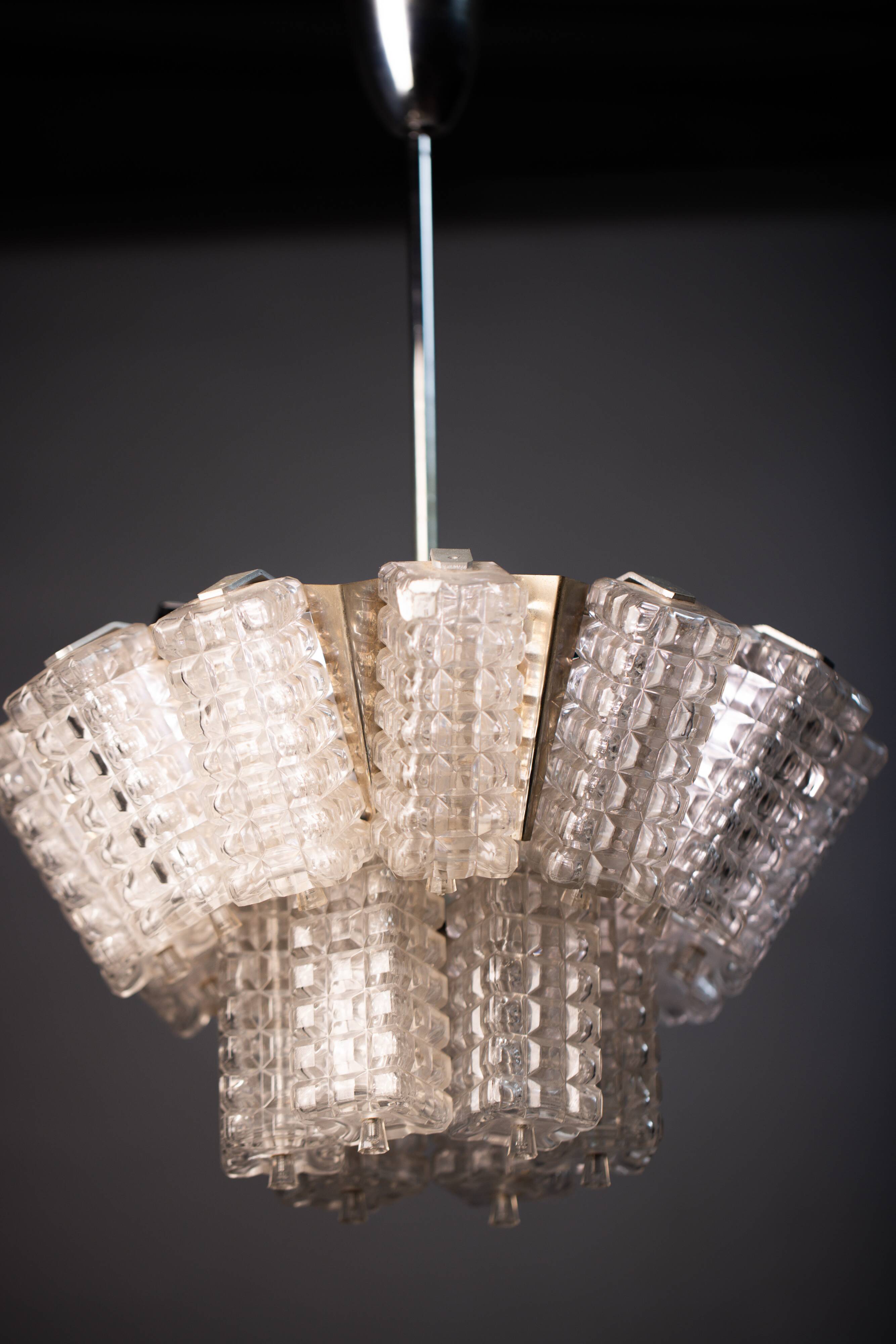 Vintage Austrolux Glass Chandelier: 1960s Mid-Century Modern Pendant Light