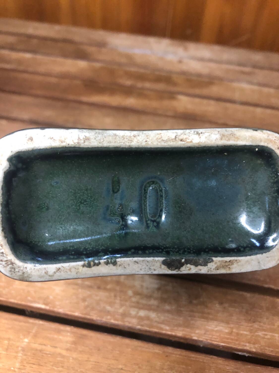 Old beige & green ceramic bottle + vintage handle