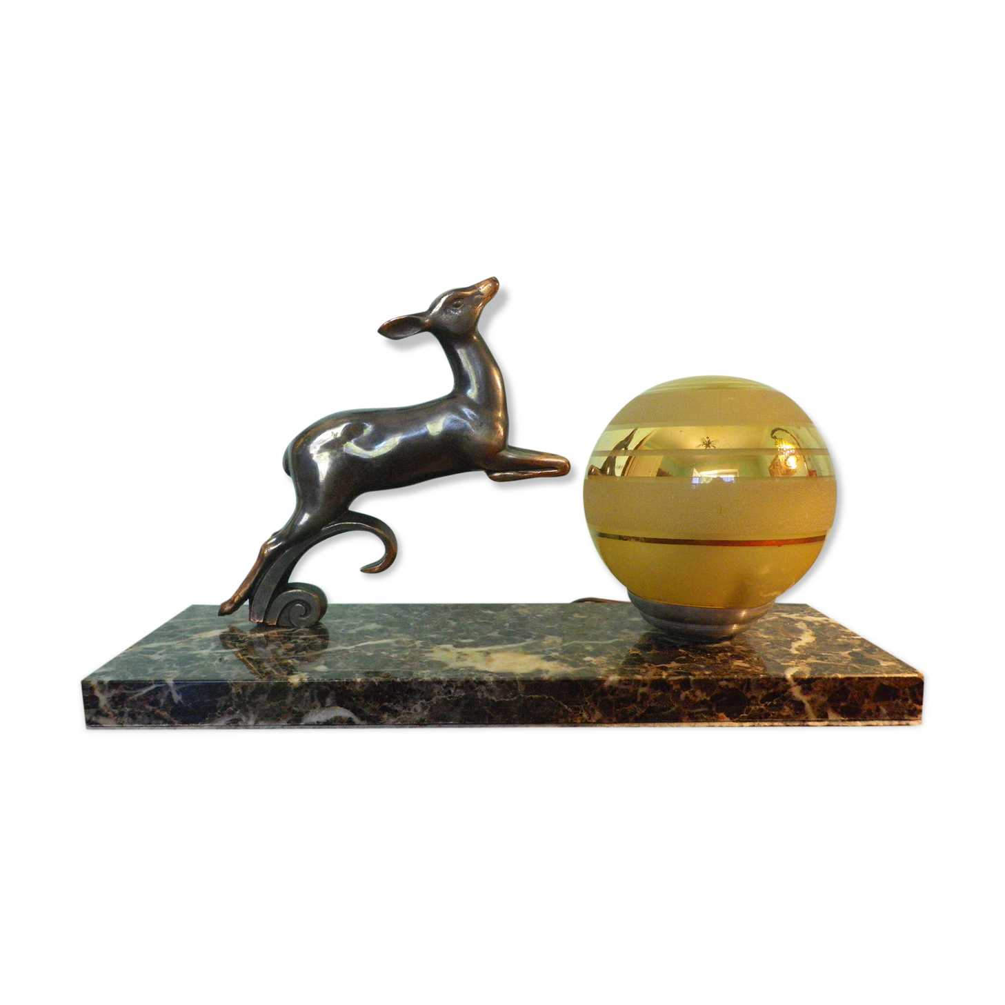 Art deco table lamp, marble, opaque glass and granite, animal in bronze patinated regulator