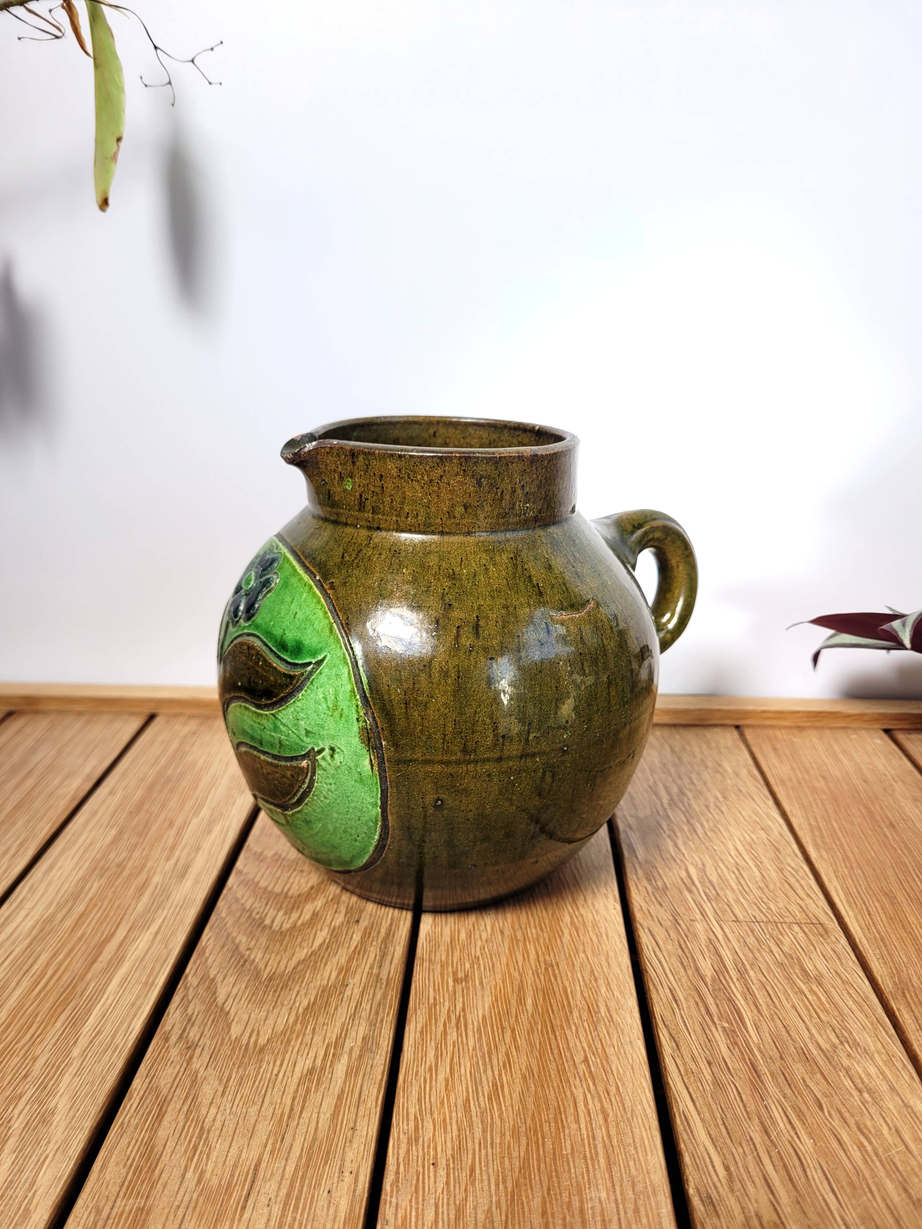 Vintage artisanal flowery ceramic pitcher vase