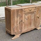 Buffet parisien art déco vintage rénové en bois massif et marbre gris 150cm