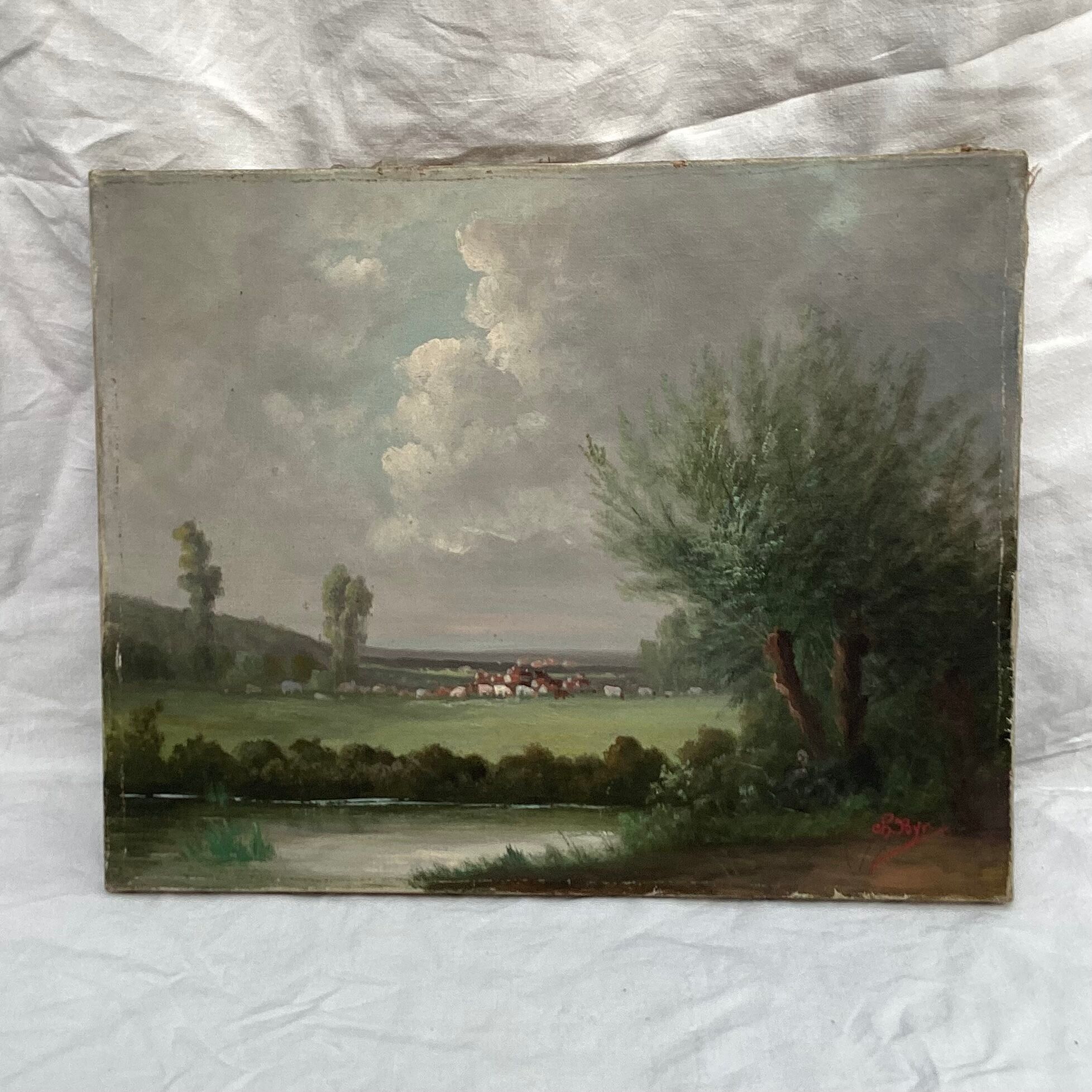 Old painting signed HST landscape dimension: height -33cm- width -41cm-