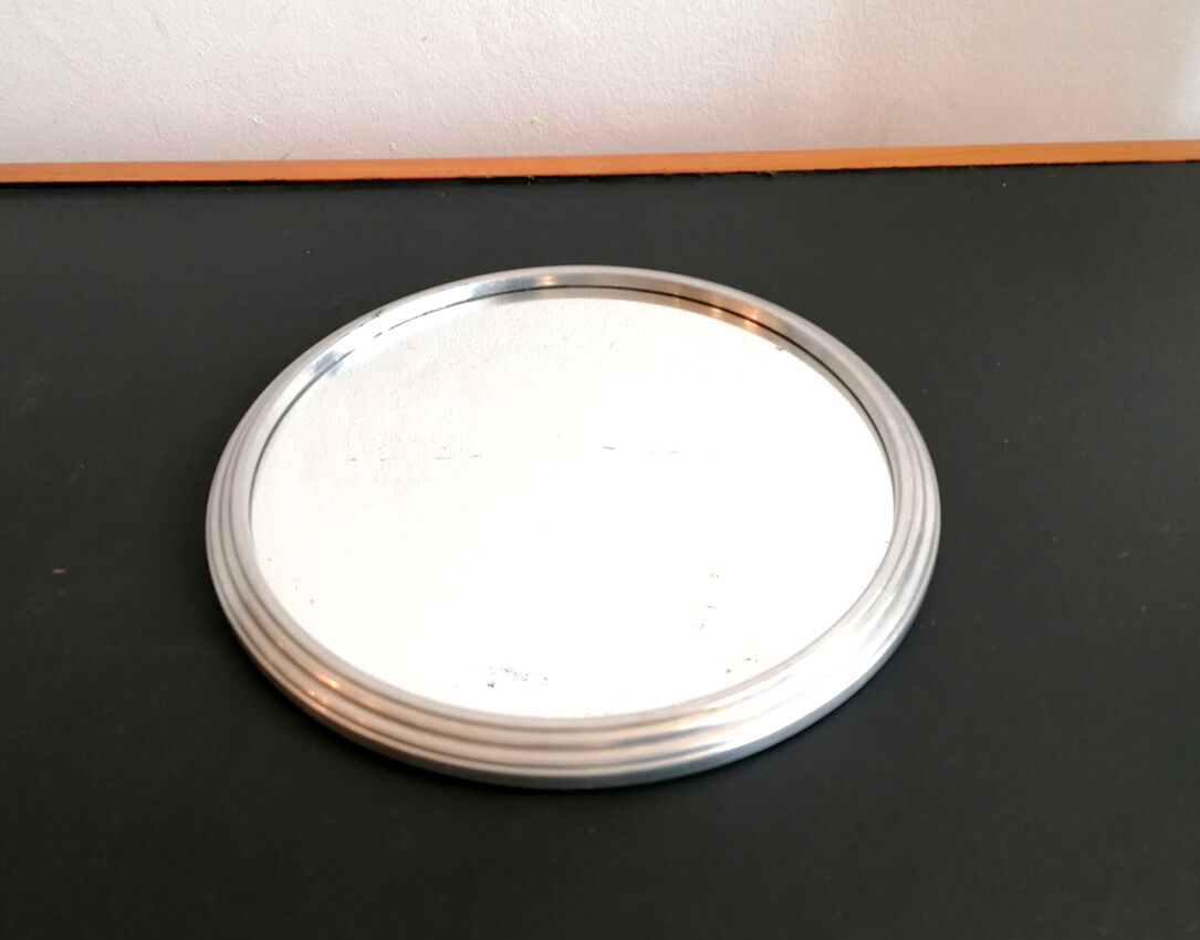 Set of 3 round mirrored trays, metal strapping, 1950/60