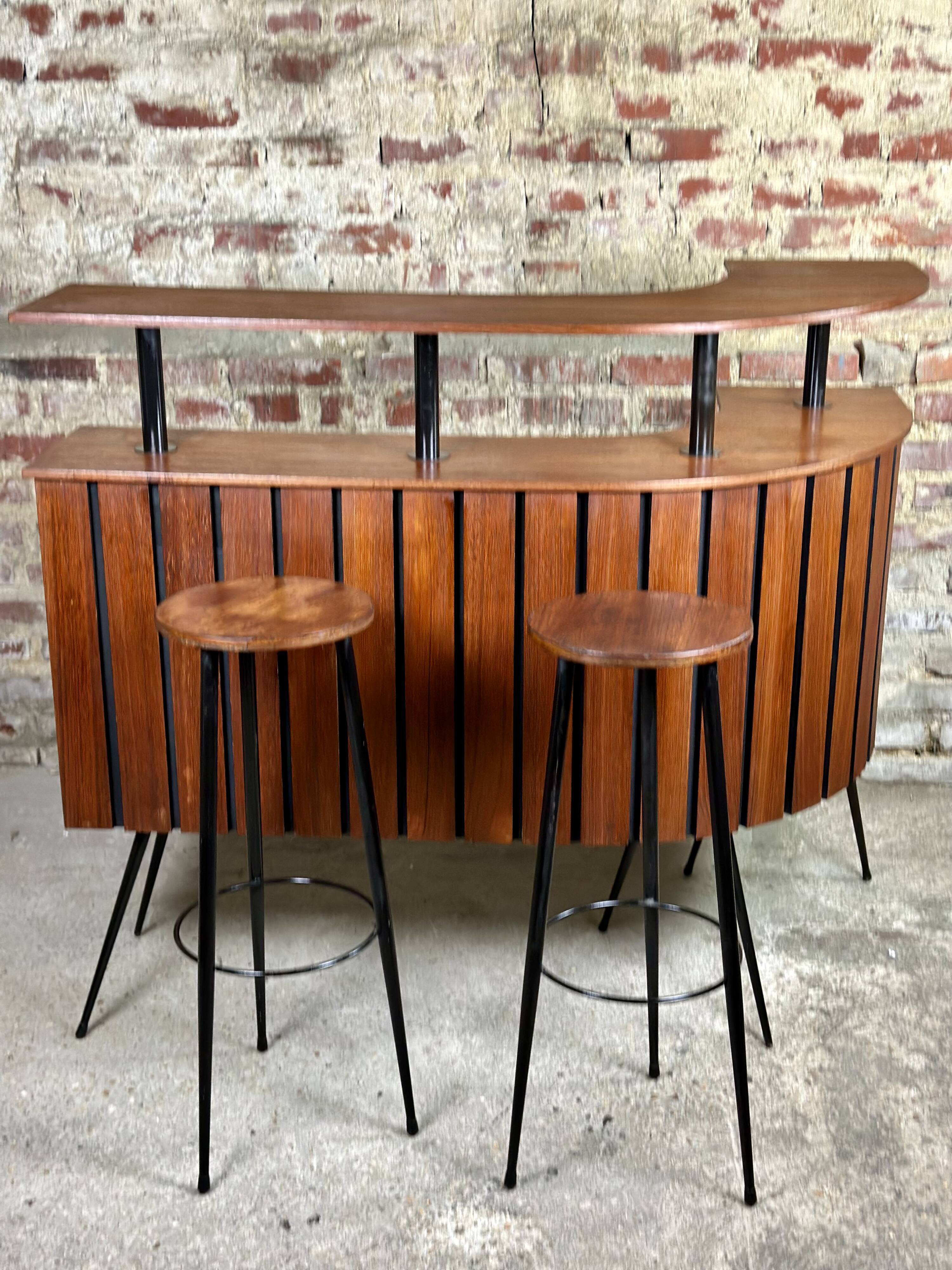 Cocktail bar in teak and metal and its 2 vintage stools 1950'S