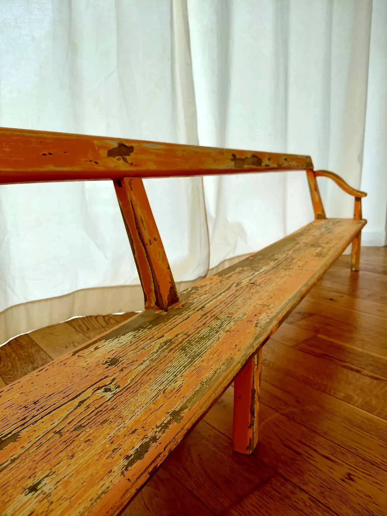 Large antique church bench 268 cm - Unique piece with flaking patina