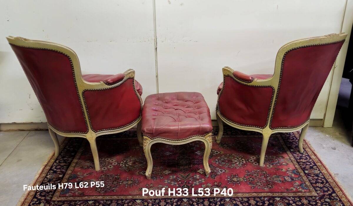 Paire de bergères et repose-pieds style Louis XV en bois sculpté laqué et doré
