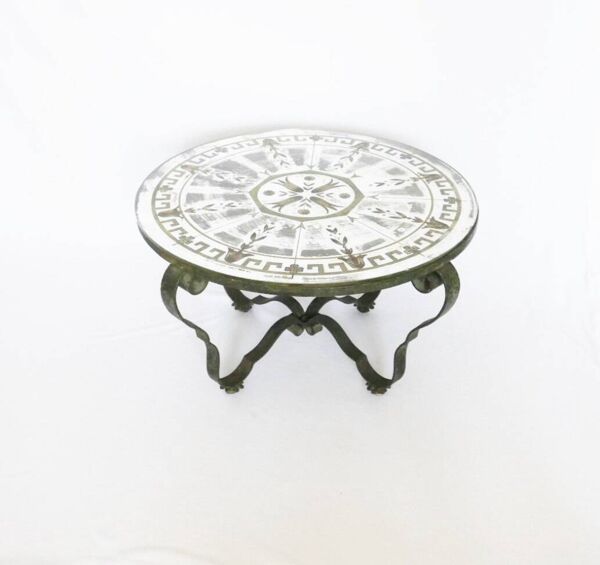 Table ronde année 40 fer forgé et  verre églomisé