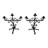 Pair of brutalist candlesticks in wrought iron