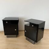 Art Deco Bedside Cabinets in Black Lacquer & Chrome, France, 1930, Set of 2