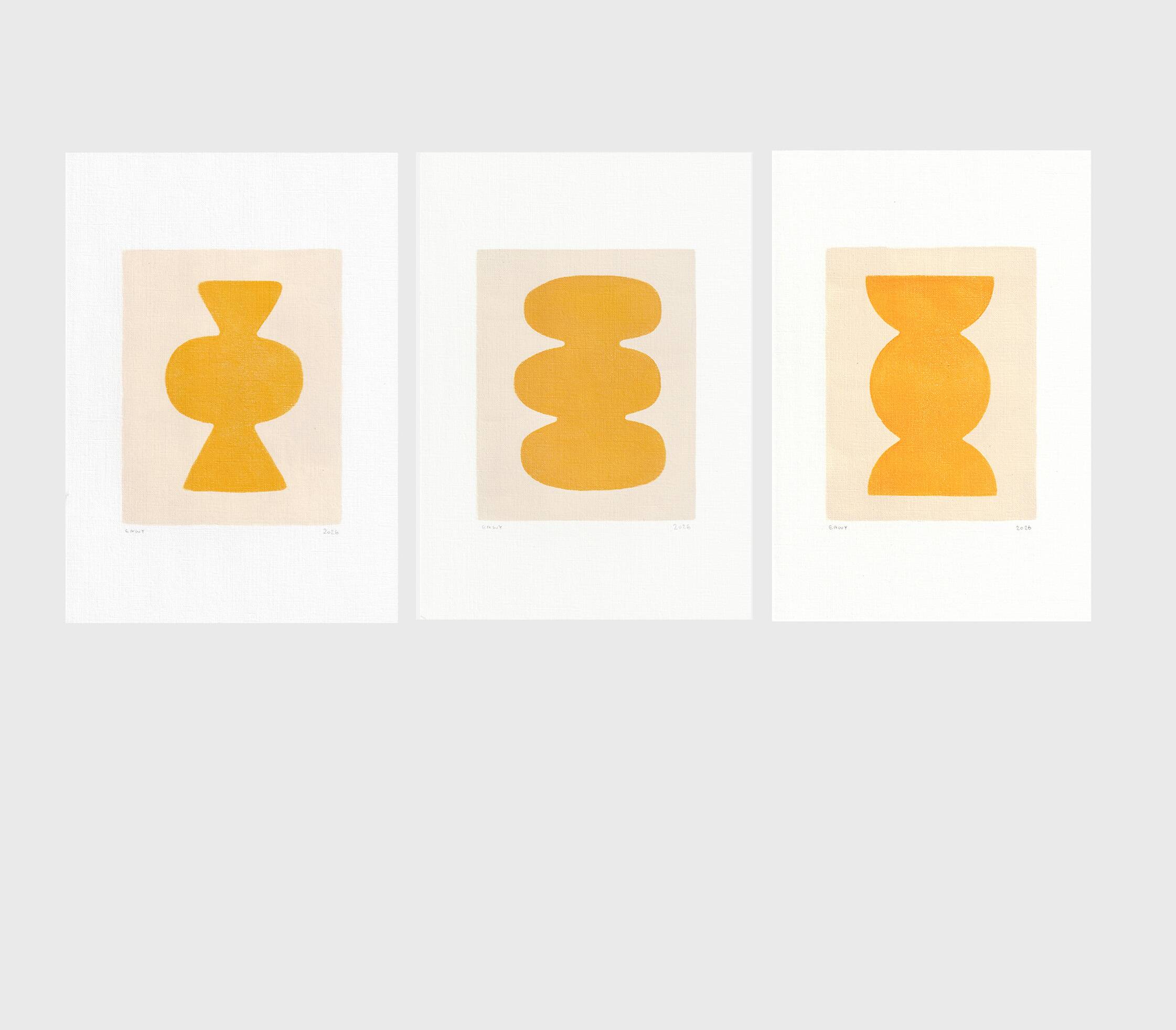 Set de 3 peintures abstraites jaune signée Eawy