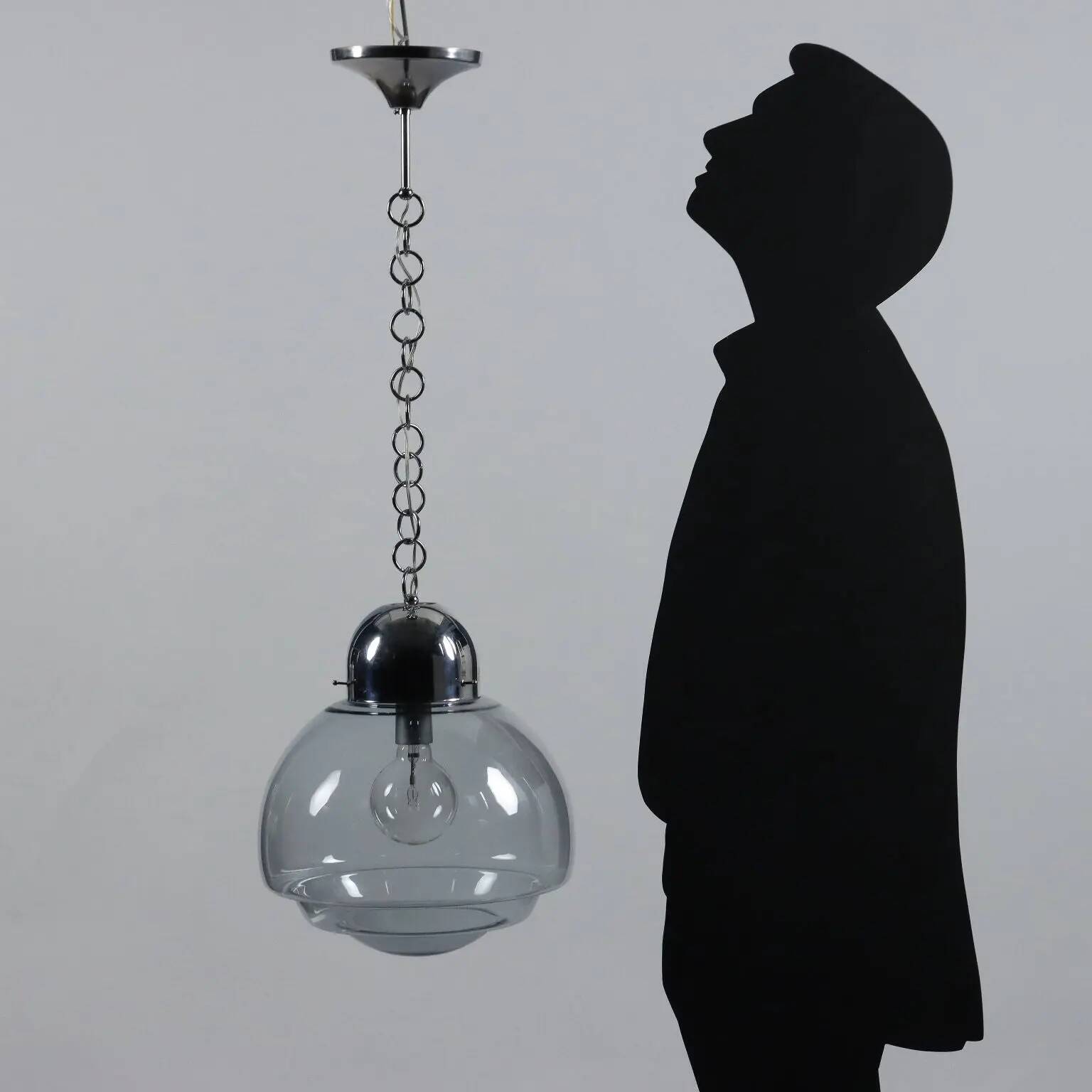 1960s vintage suspension in chrome metal and glass, Italy