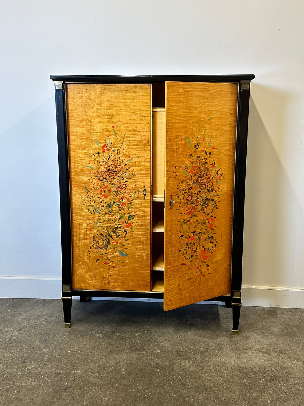 Exquisite 1950s neoclassical sycamore secretaire by Frères De Coene, Belgium.