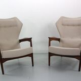 Set of Two Danish Adjustable Wingback Lounge Chairs in Teak by Ib Kofod Larsen