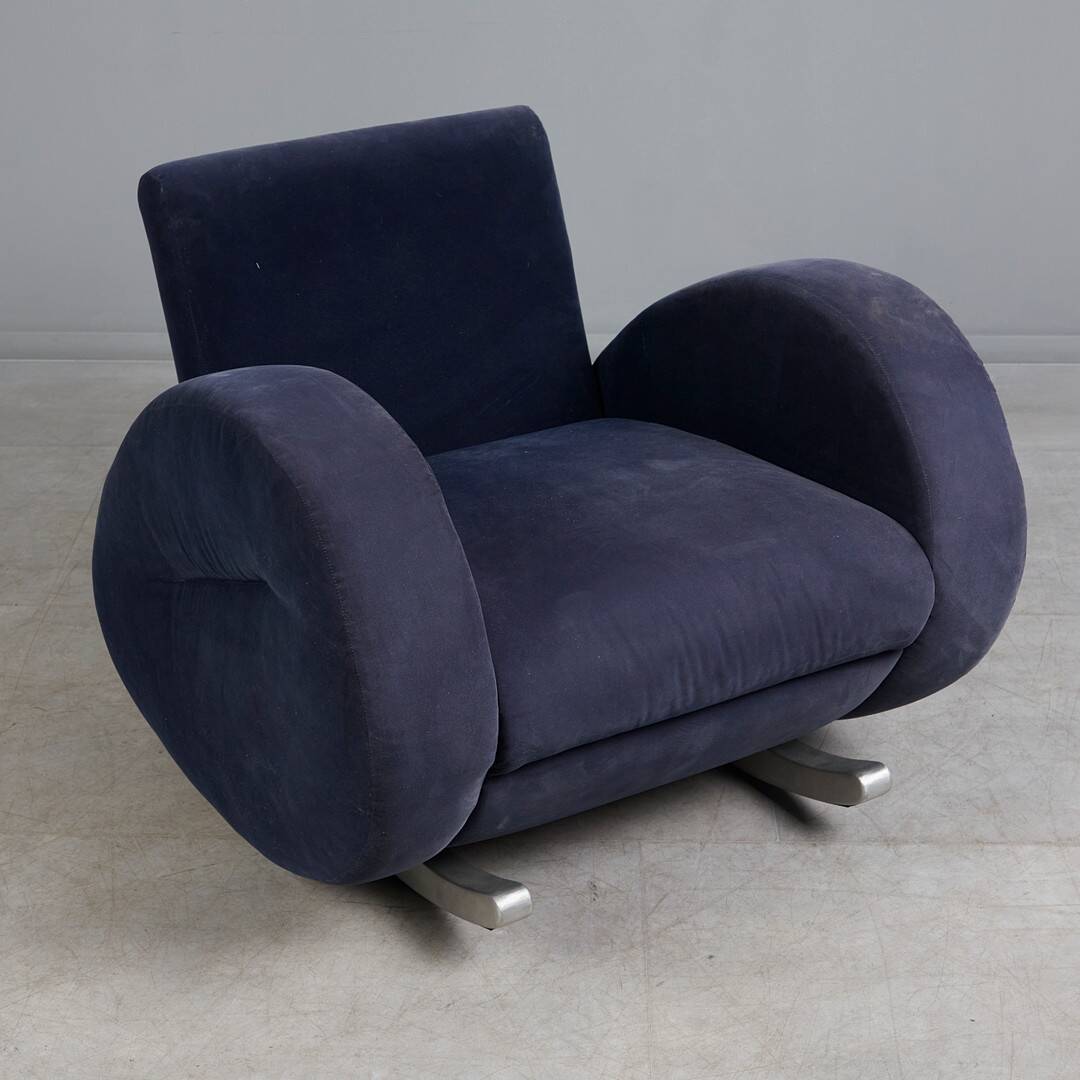 Bretz (Germany) — Rocking Chair / Armchair — Blue Velvet Upholstery — 1980s
