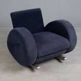 Bretz (Germany) — Rocking Chair / Armchair — Blue Velvet Upholstery — 1980s
