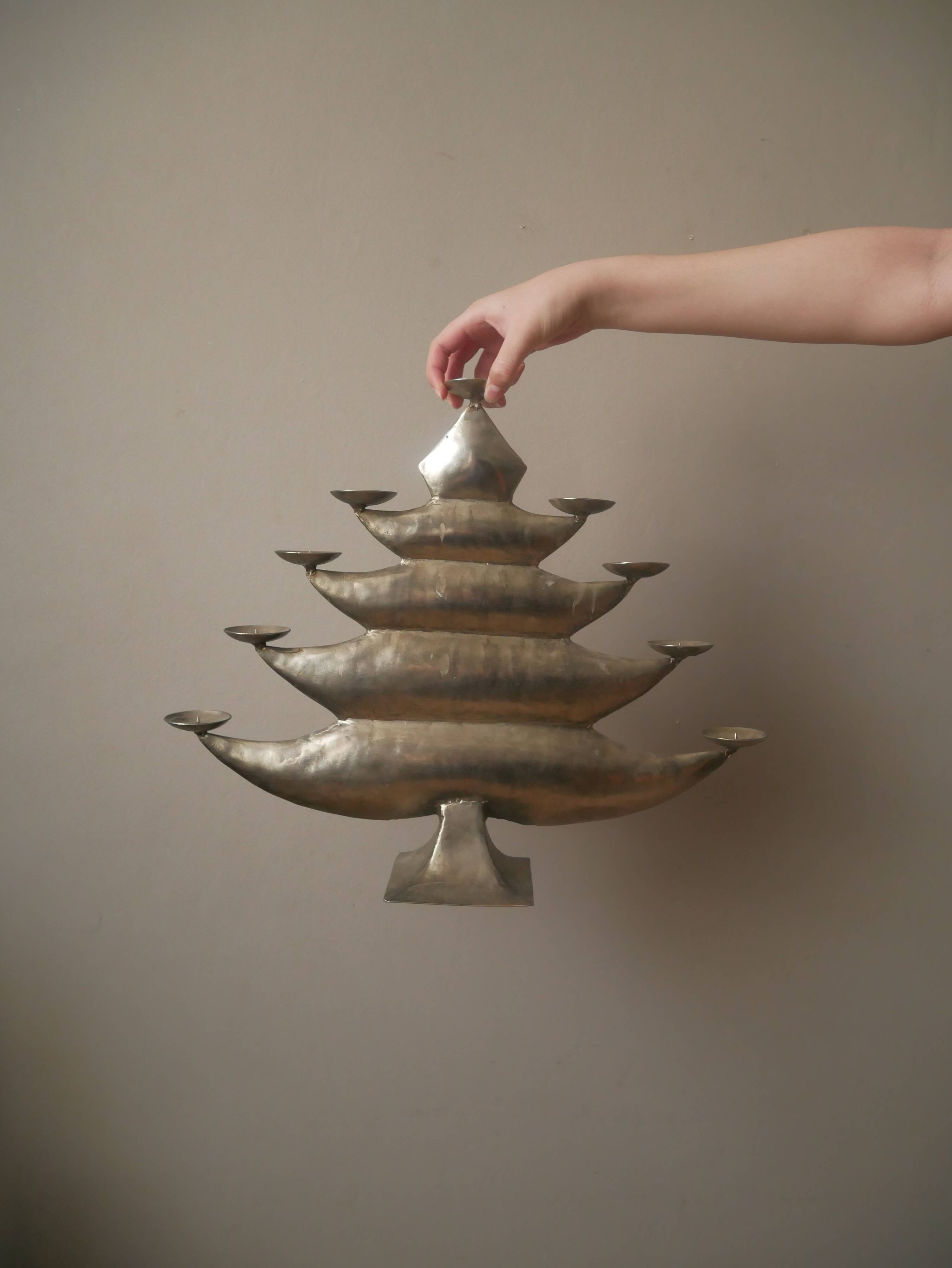 Aluminum candle holder handcrafted fir silver metal African art unique piece candlestick