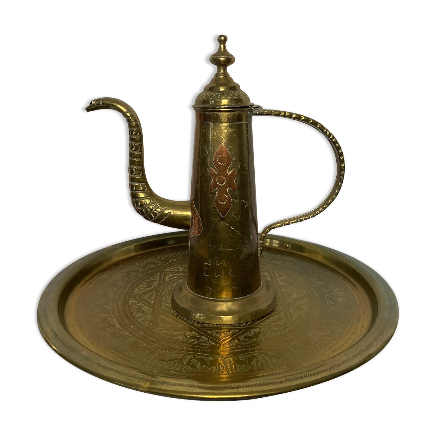 Lot en cuivre ancien plateau et théière orientale XXème