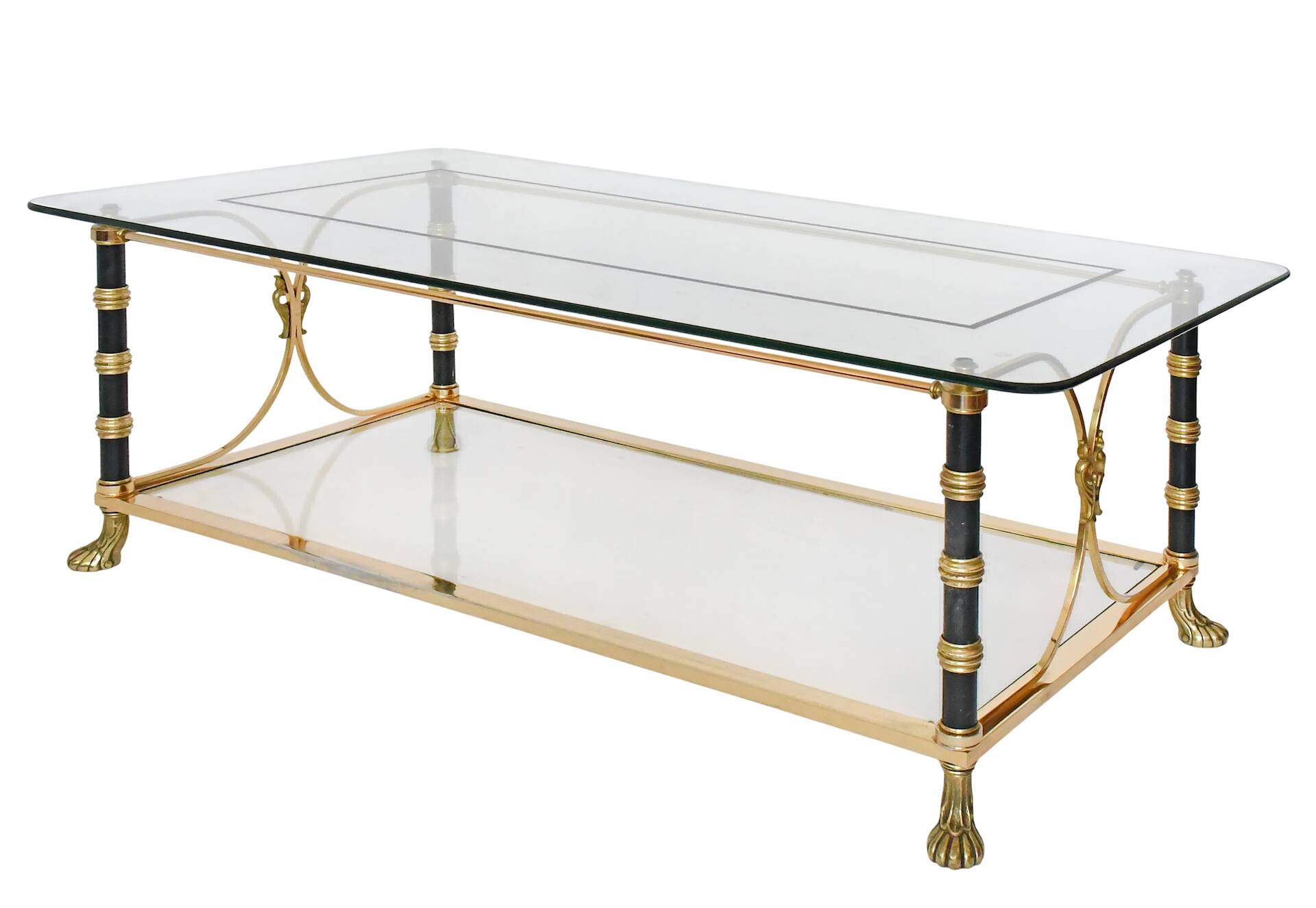 Brass and metal coffee table with two glass tops.