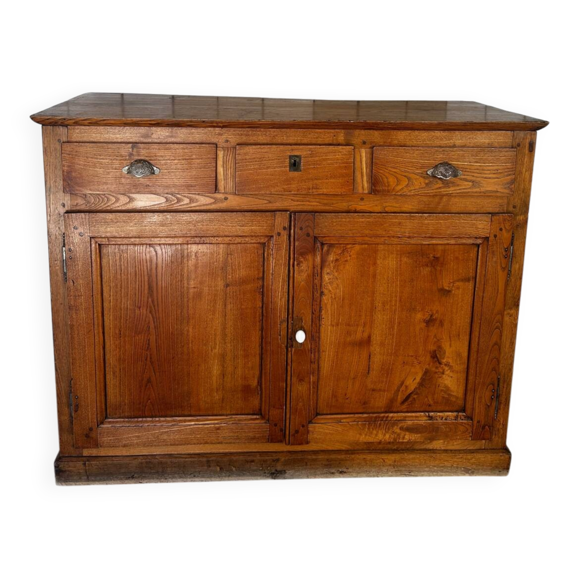 Antique oak sideboard – 3 drawers & 2 doors – pig buttons