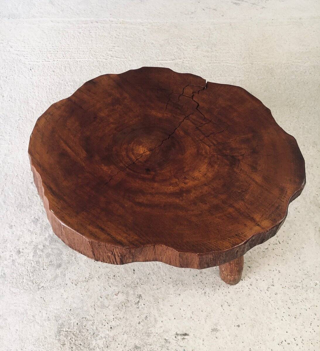 Handcrafted Teak Tree Trunk Tripod Coffee Table, 1960s