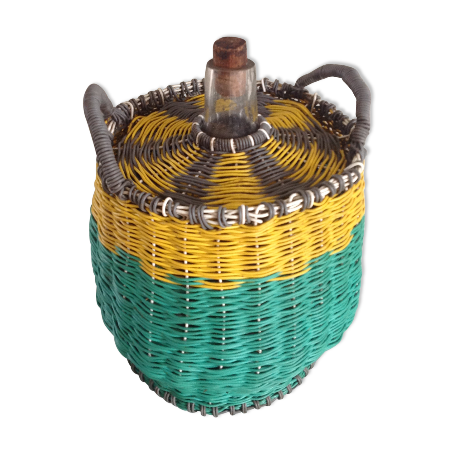 Vintage clothing colorful Wicker bottle green yellow and gray