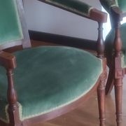 pair of Directoire armchairs in walnut, early 19th century, green velvet