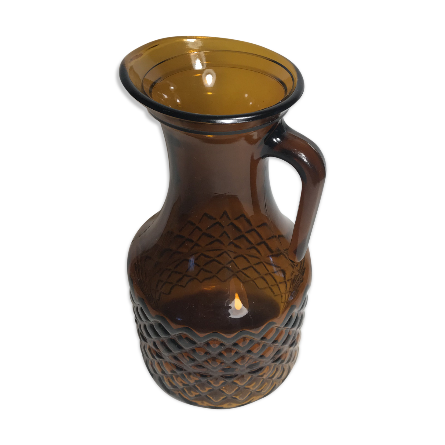 Old molded glass pitcher Brown form geometric decanter Vintage kitchen
