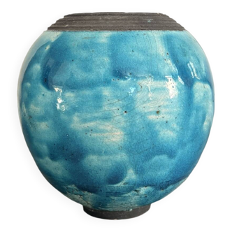 Ancient Vase Raku Ceramic Black Clay Japanese Process Turquoise Blue