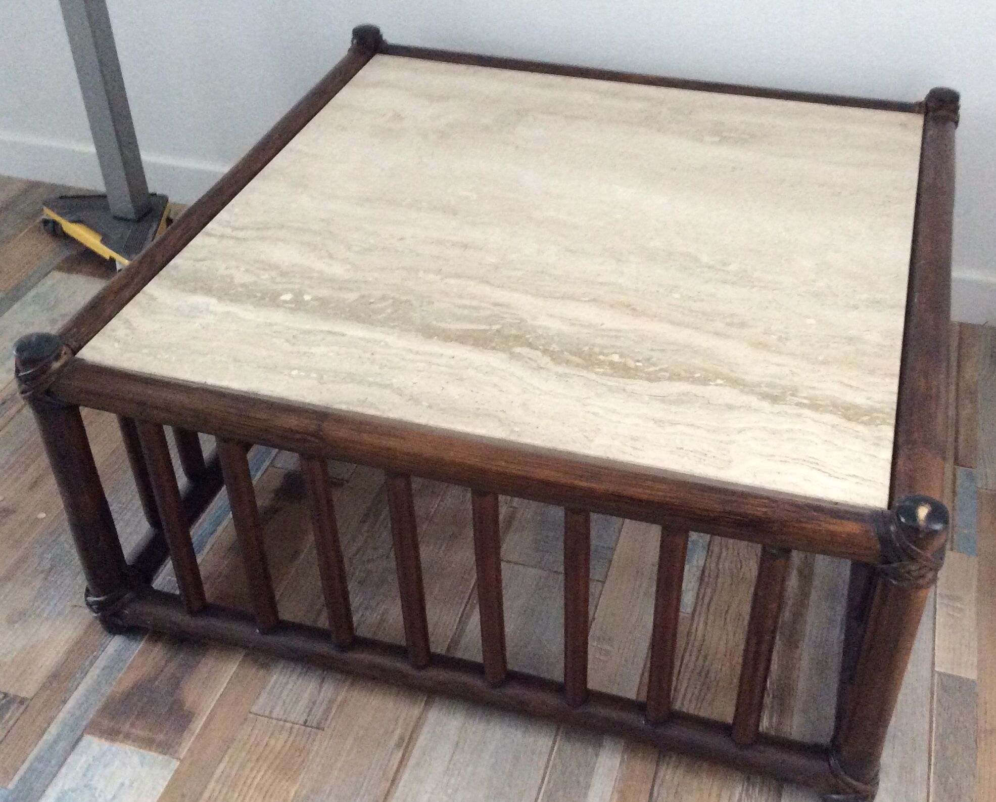 Vintage 1970 bamboo and travertine coffee table