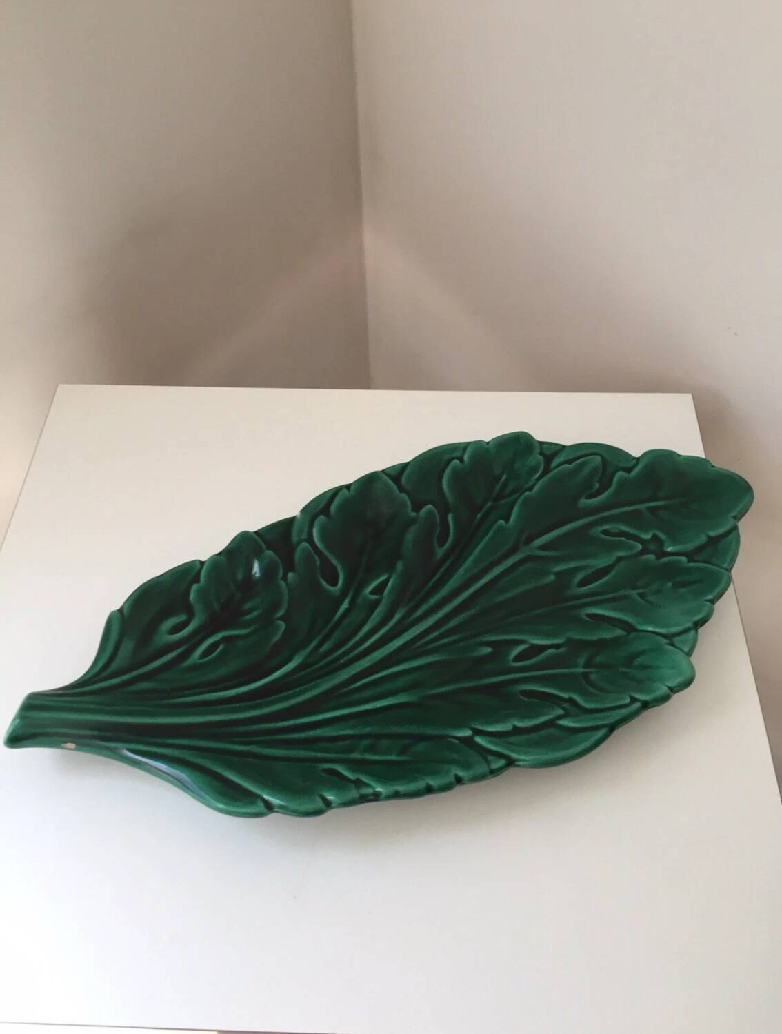 Large Vintage Green Leaf Earthenware Tray