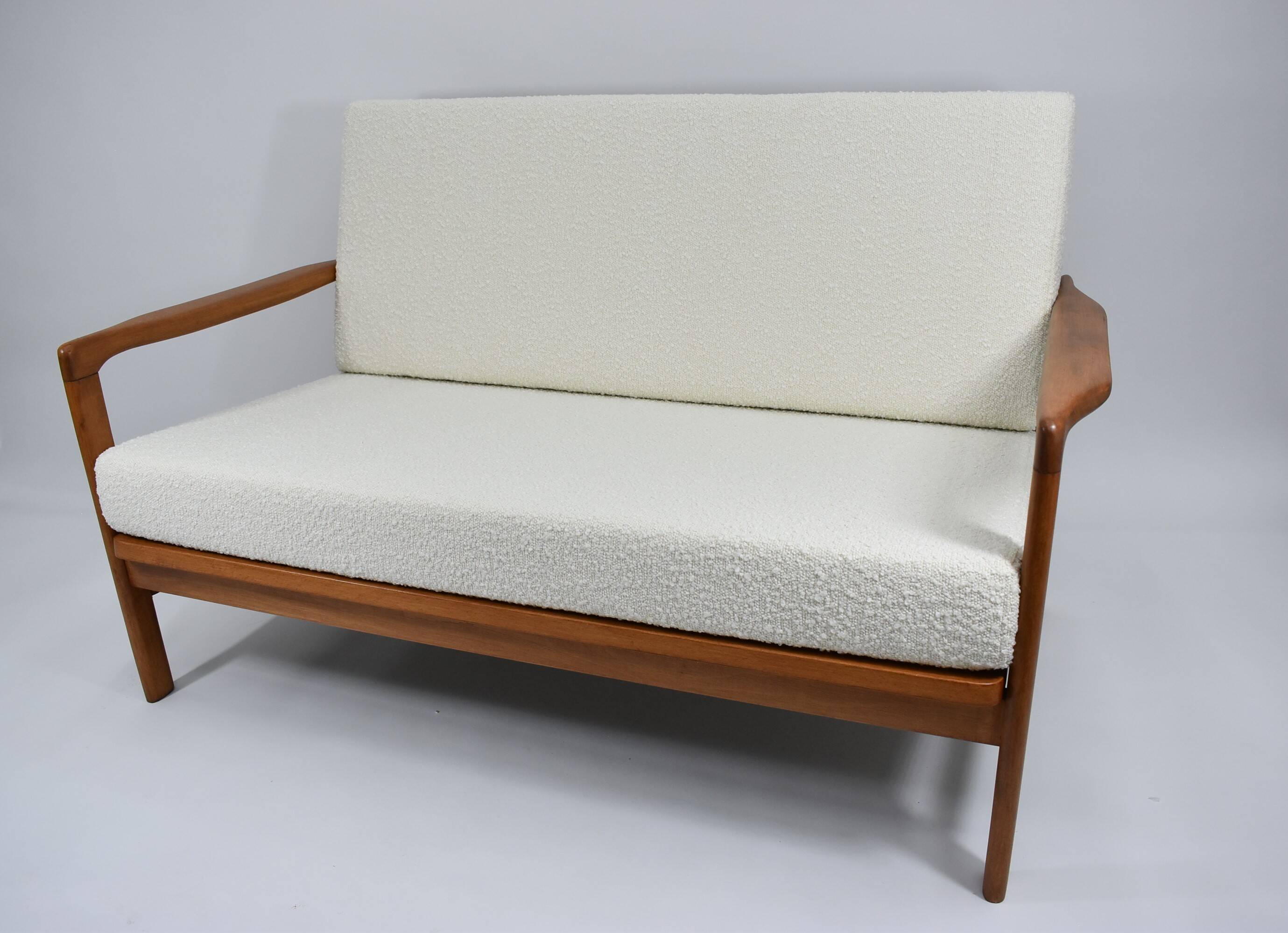 Scandinavian two-seater Sofa, 60's style, teak & white bouclé