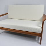 Scandinavian two-seater Sofa, 60's style, teak & white bouclé