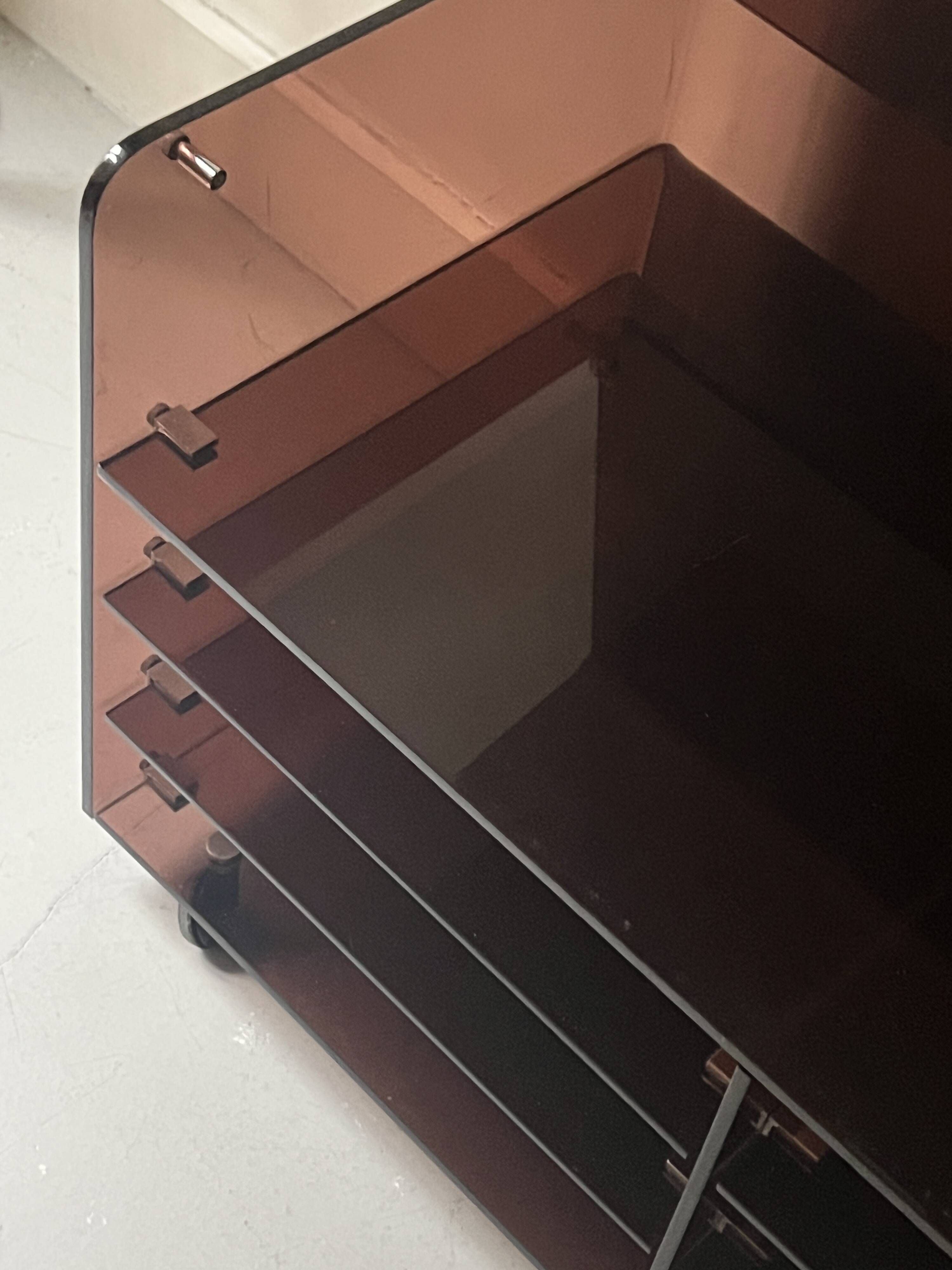 Smoked plexiglass TV/HiFi unit, Roche Bobois design 1970