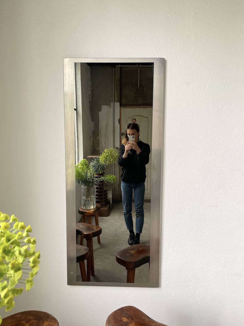 Brushed stainless steel mirror circa François Monnet and Joelle Ferlande