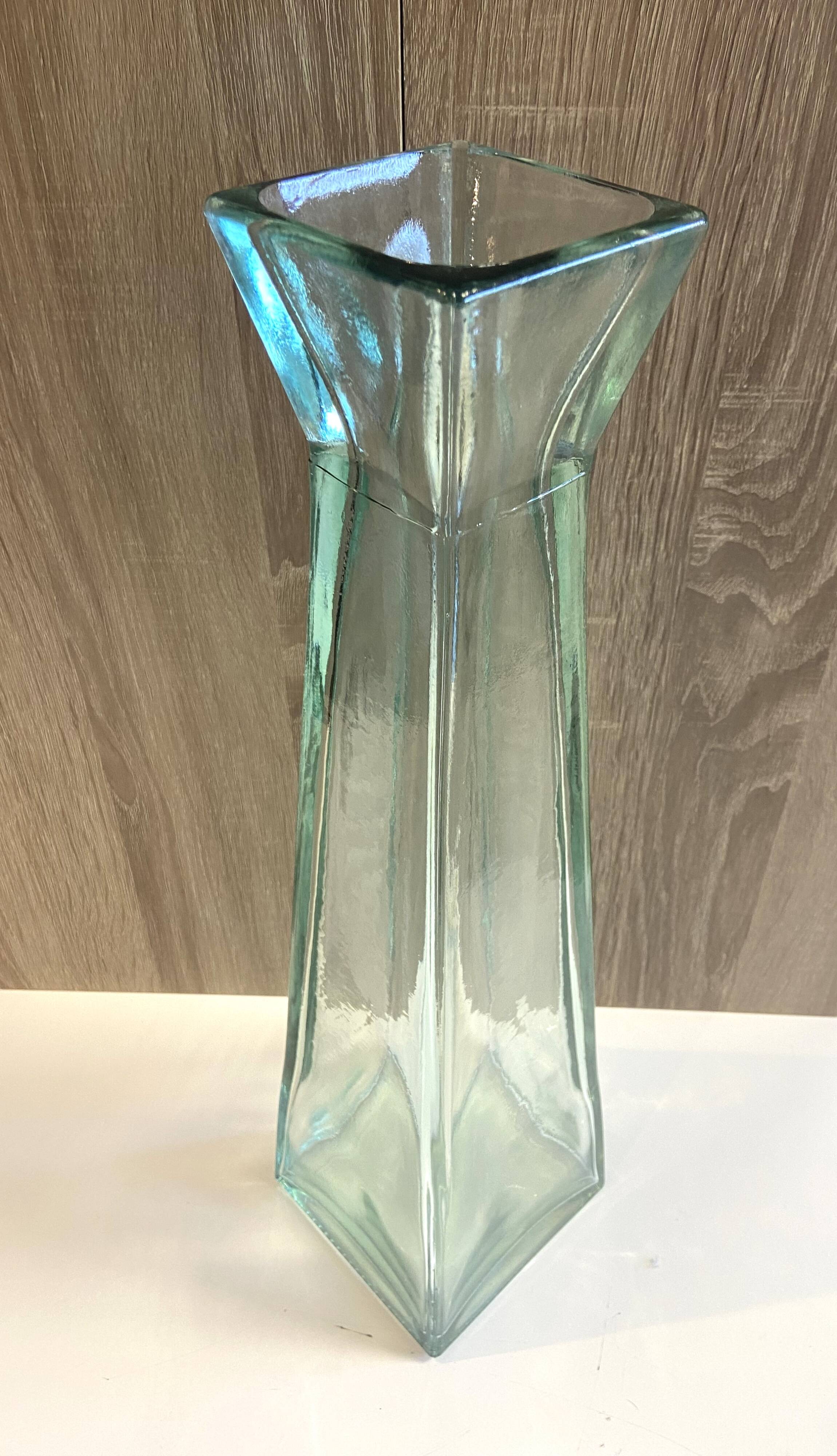 Large Recycled Thick Glass Obelisk Column Vase Art Deco Floral Design