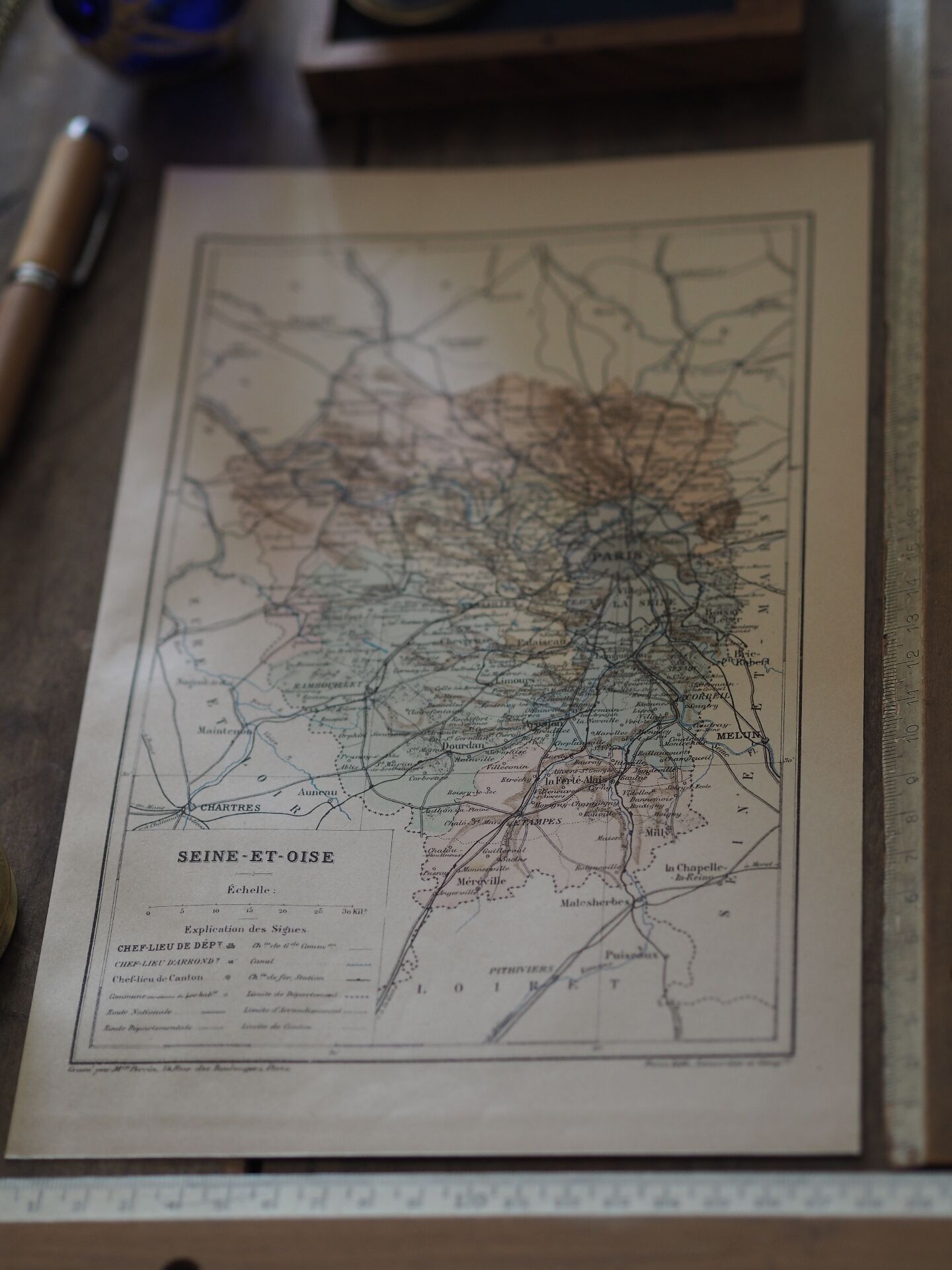 Map of Seine-et-Oise, France. Antique printed in 1889.