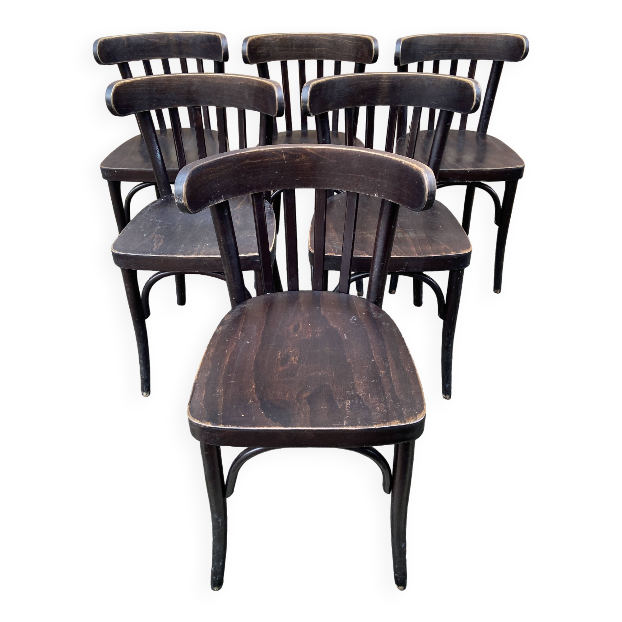 set of 6 Viennese chairs curved wood restaurant Paris bistro Fischel 1960