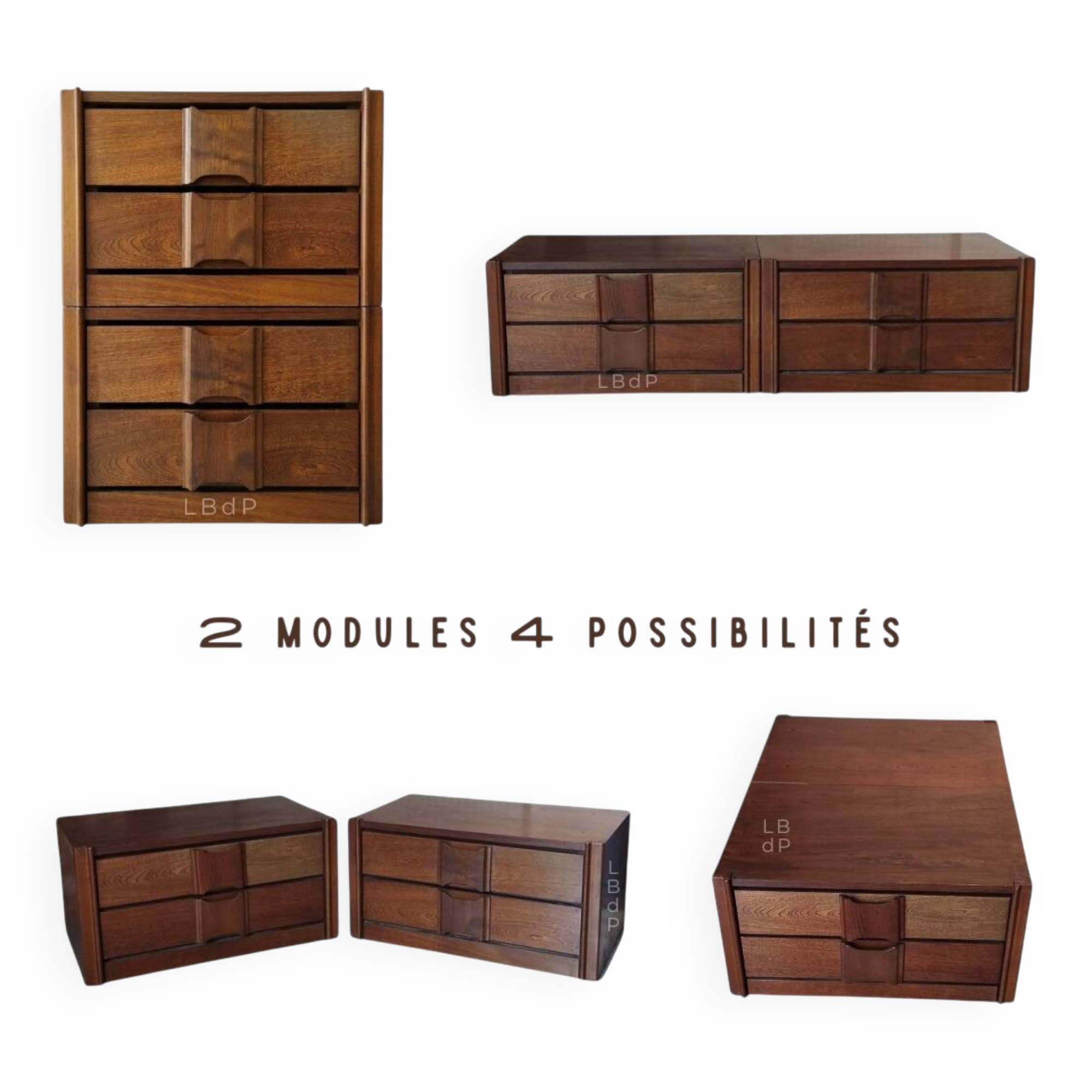 Pair of vintage Scandinavian design modules, bedside table, chest of drawers, sideboard, table.
