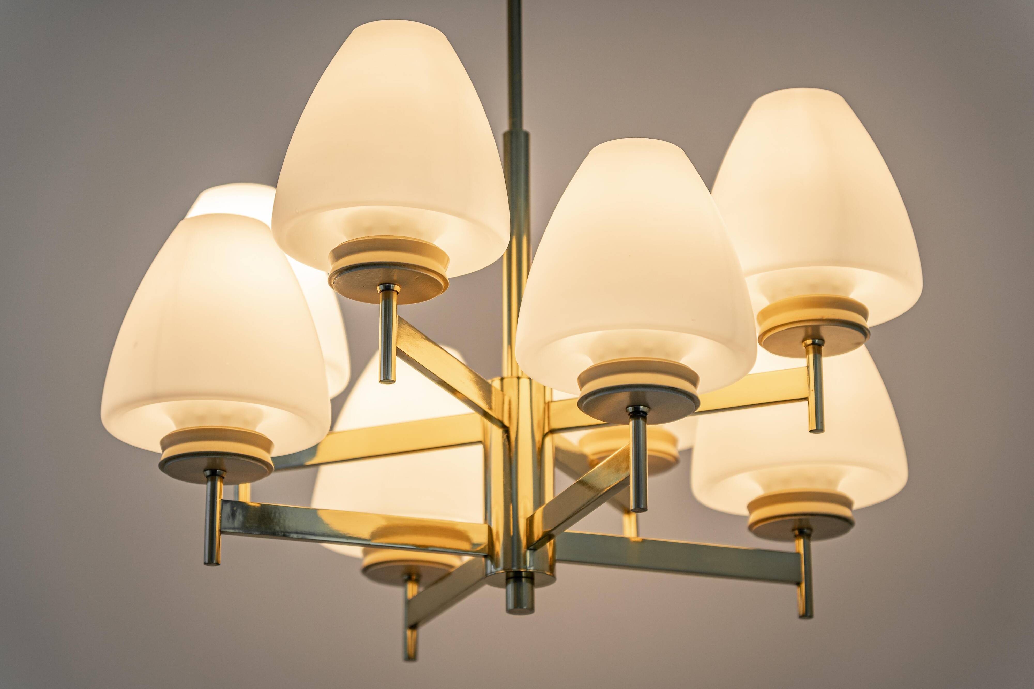 Sputnik chandelier with opaline glass by Kaiser, Germany, 1970s.